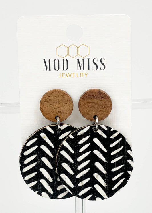 Black & White Tribal Cork + Leather Round Earrings