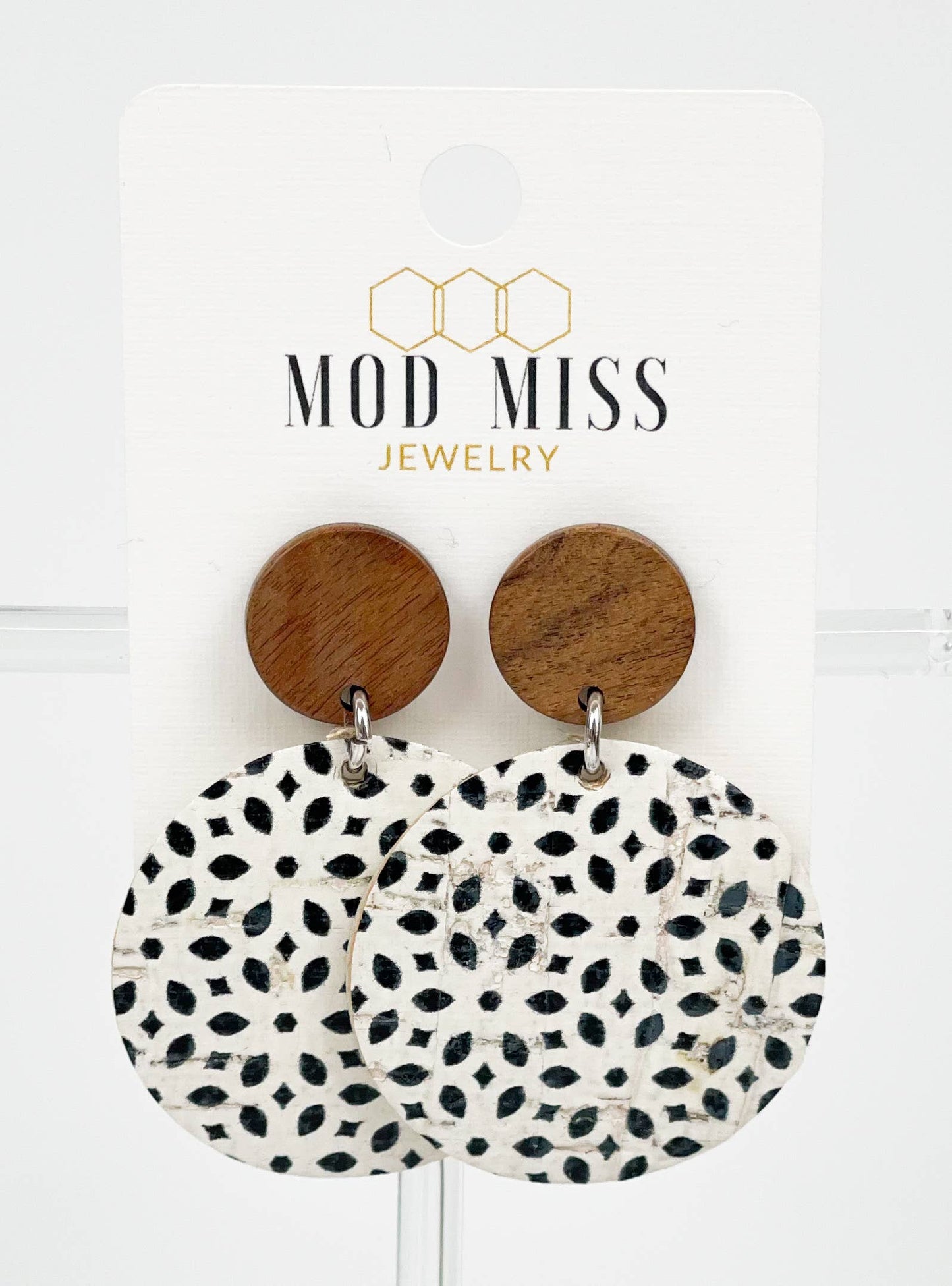 Black Deco Cork + Leather Round Earrings