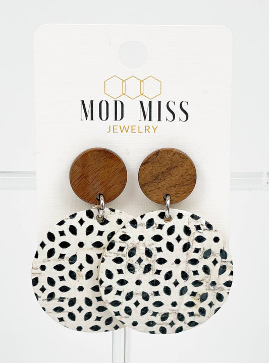 Black Deco Cork + Leather Round Earrings