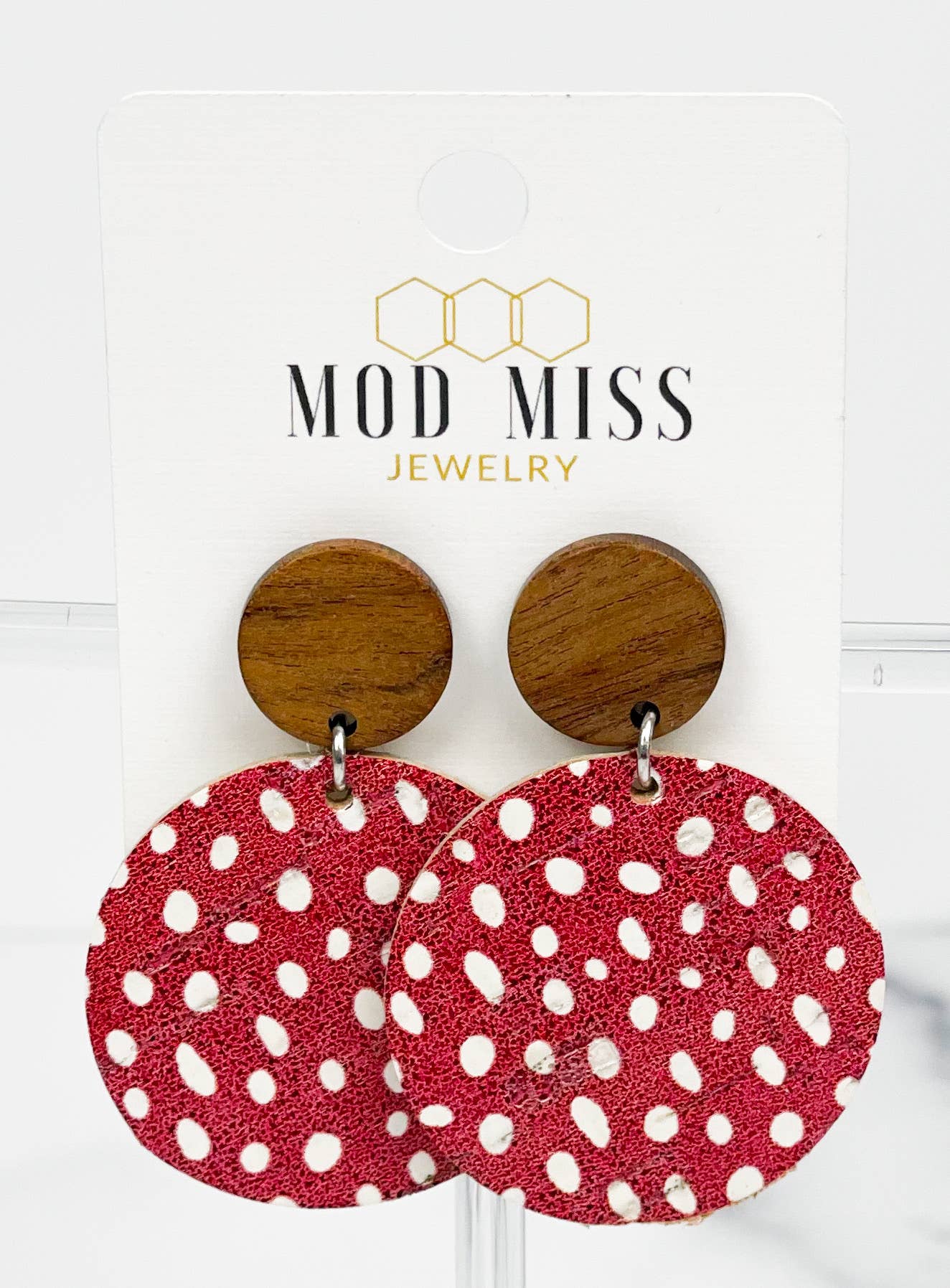 Red Specs Cork + Leather Round Earrings