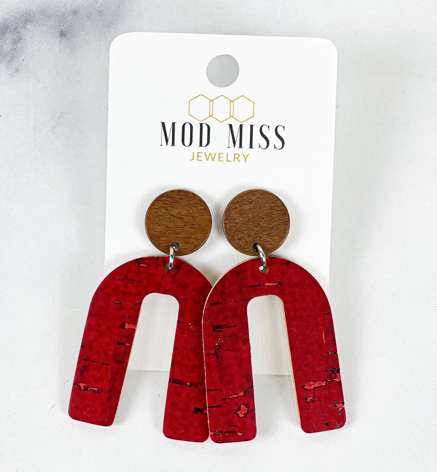 Red Cork + Leather Arch Earrings